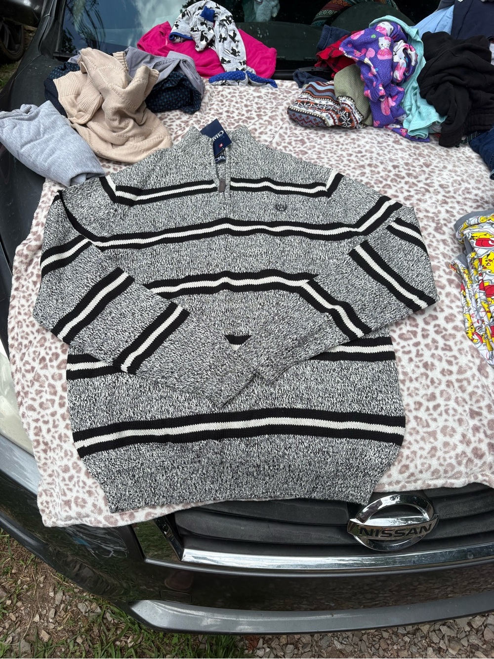NWT Chaps Black & Gray Striped 1/4 Zip Sweater Size Large